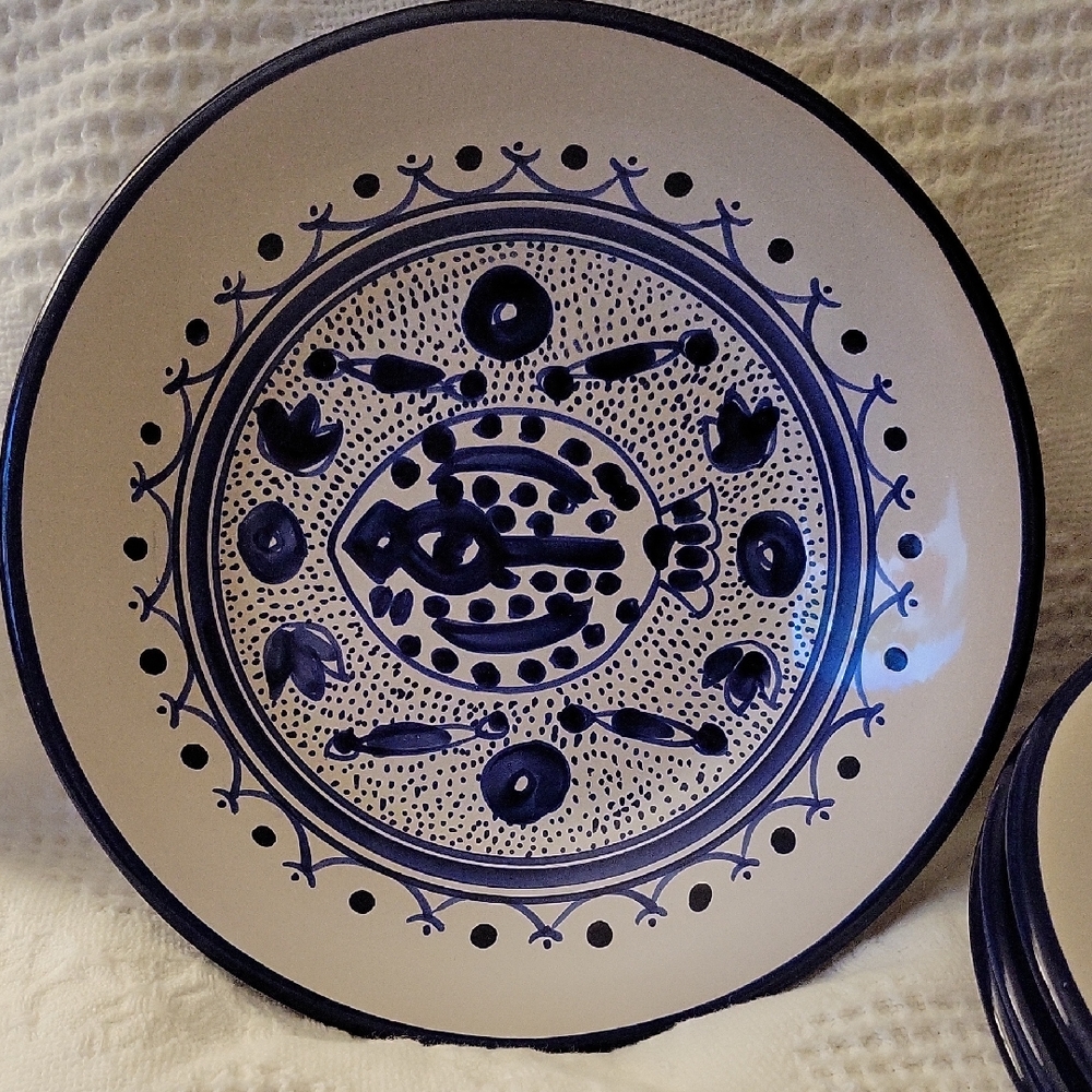 Set of 2, Le Souk Ceramique Handpainted Blue & White Fish Stoneware Pasta Bowls